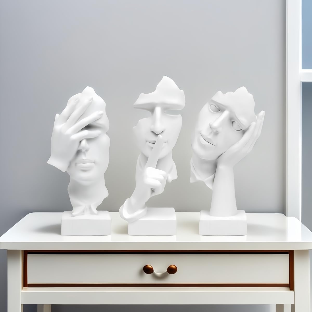 Statua del pensatore a 3 pezzi, il silenzio è una statuetta d'arte astratta in oro, sculture in resina per la casa moderna Decorazioni per oggetti decorativi per l'ufficio domestico (Bianco)