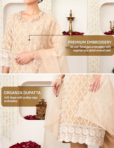 Image of Amazon Brand - Myx Women Embroidered Cotton Kurta Pant Set with Organza Dupatta (Available in Plus Sizes)