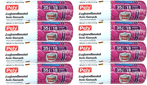 Preisvergleich Produktbild 144 Stück extra Lange Zugband Müllbeutel (35 Liter), optimal für schlanke Mülleimer wie Wesco Baseboy und viele andere Abfallsammler