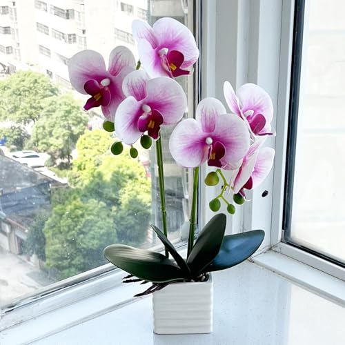 Orquídeas artificiales para decoración del hogar, jarrón plateado, flores artificiales (morado)