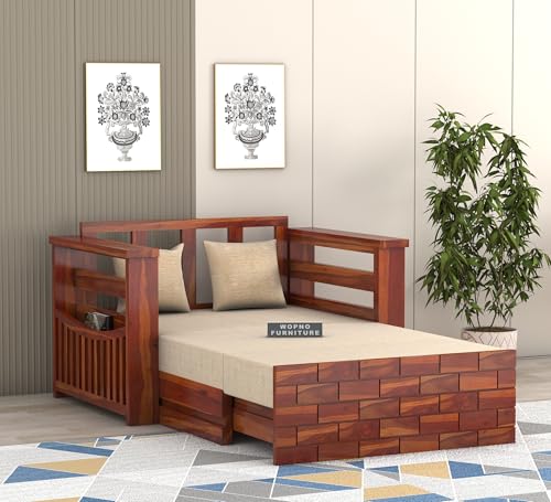 Image of Sheesham Wooden 2 Seater Sofa Cum Bed with Mattresses for Home Living Room | Rosewood 2 Seater Sofa Cums Bed for Bedroom Without Pillow | Solid Wood Sofa Bed (Honey, 2 Seater)