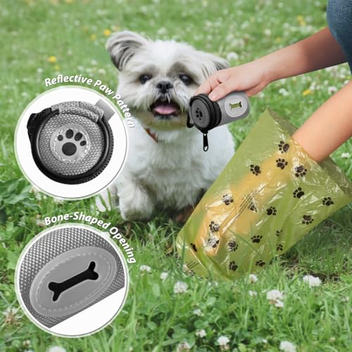 Image of FURHAB Glow Dog Poop Bag Holder for Leash Doggie Waste Bag Dispenser Puppy Potty Carrier Small Doggy Zipper Pouch with Carabiner Clip 1680D Nylon Oxford with 1 Roll of Pet Trash Bags, Silver
