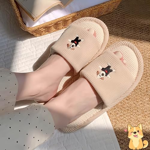 Cute Dog Linen Slippers with Rubber Sole, Women's and Men's Memory Foam Open Toe Slide Slippers, Anti-Slip House Shoes2