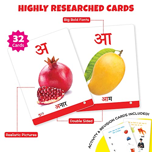 Image of Flash Cards for 3 Year Old - Hindi Varnmala Learning Set with 32 Double-Sided Picture Cards | Durable & Water Resistant Alphabet Flash Cards for Kids | Educational Cards for Toddlers