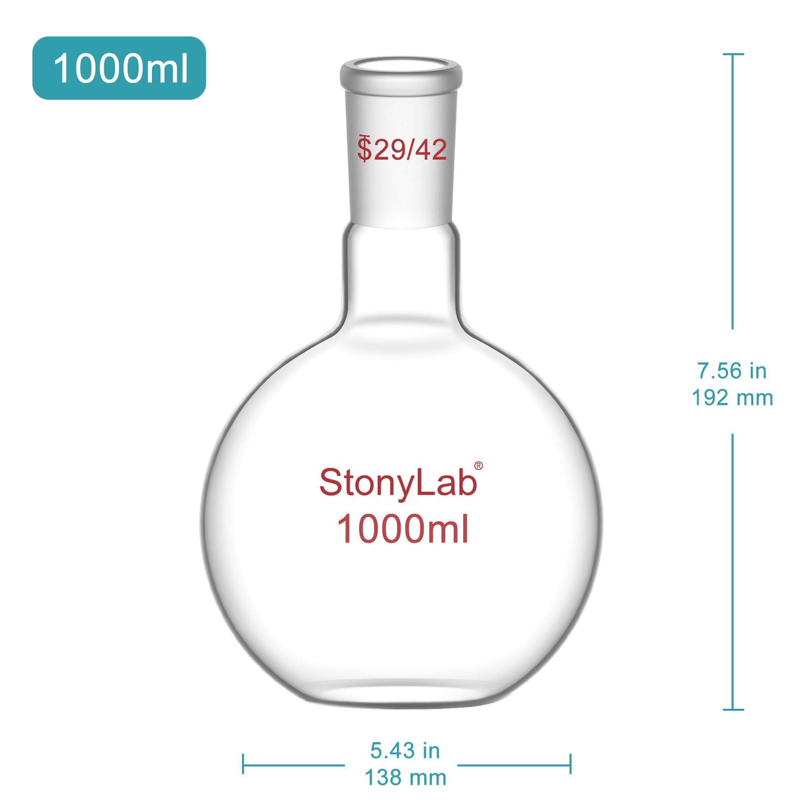 stonylab Verre Ballon à Fond Plat avec col Unique, Single Neck Flat Bottom Boiling Flask Ballon D'ébullition avec Joint Extérieur Standard 29/42, 1000 ml