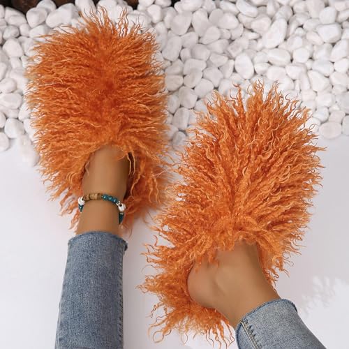 Image of Unisex Fuzzy Faux Fur Slippers, Women's Fluffy Long Hair Sheep Faux Fur Slip on Slides, Girls Luxury Big Fluffy Outdoor Flat Slippers, Long Curly Hair Non-Slip Warm Home Slide Shoes