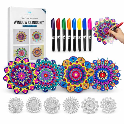 Hula Home Stained Glass Mandala Art Kit - DIY Window Clings with Markers, 10 Suncatchers - Perfect...