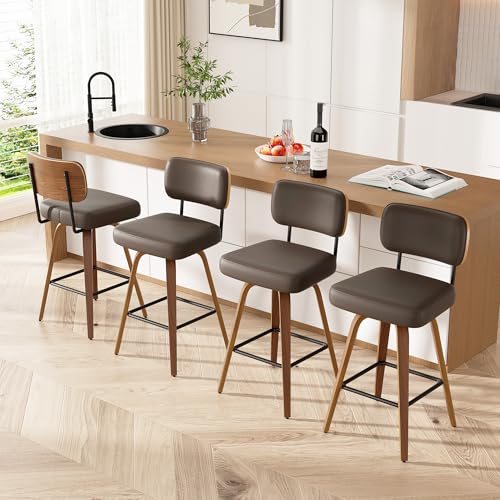 Image of Swivel Bar Stools Set of 4, 26 inch Upholstered Faux Leather Counter Height Barstools with Walnut Back & Bentwood Legs, Mid Century Modern Bar Chairs Island Stools for Kitchen Counter, Coffee