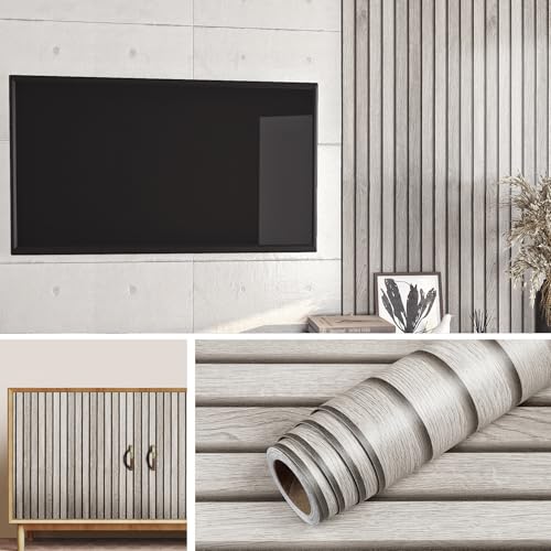 Livelynine Papel Pintado Pared Autoadhesivo Listones Madera Efecto 3D 60CMx5M Papel de Pared Autoadhesivo Habitación Dormitorio Impermeable Vinilo Adhesivo Muebles Madera Gris Clara Papeles Adhesivo