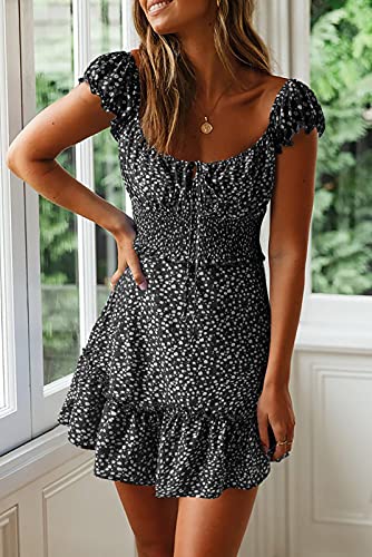 Image of Womens Summer Floral Sundress Ruffle Sleeve Sweetheart Short Mini Dresses | Sun Dress, Sexy, Flowy, Print, Smocked Waist, Western Boho, Beach, Date Night, Country Concert