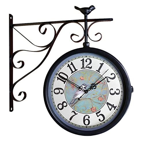 HUIBBGO Reloj de pared de hierro forjado de doble cara de 12 pulgadas, silencioso, fácil de leer, reloj de estación de dos caras para jardín, hogar, interior, exterior, sala de estar, decoración de