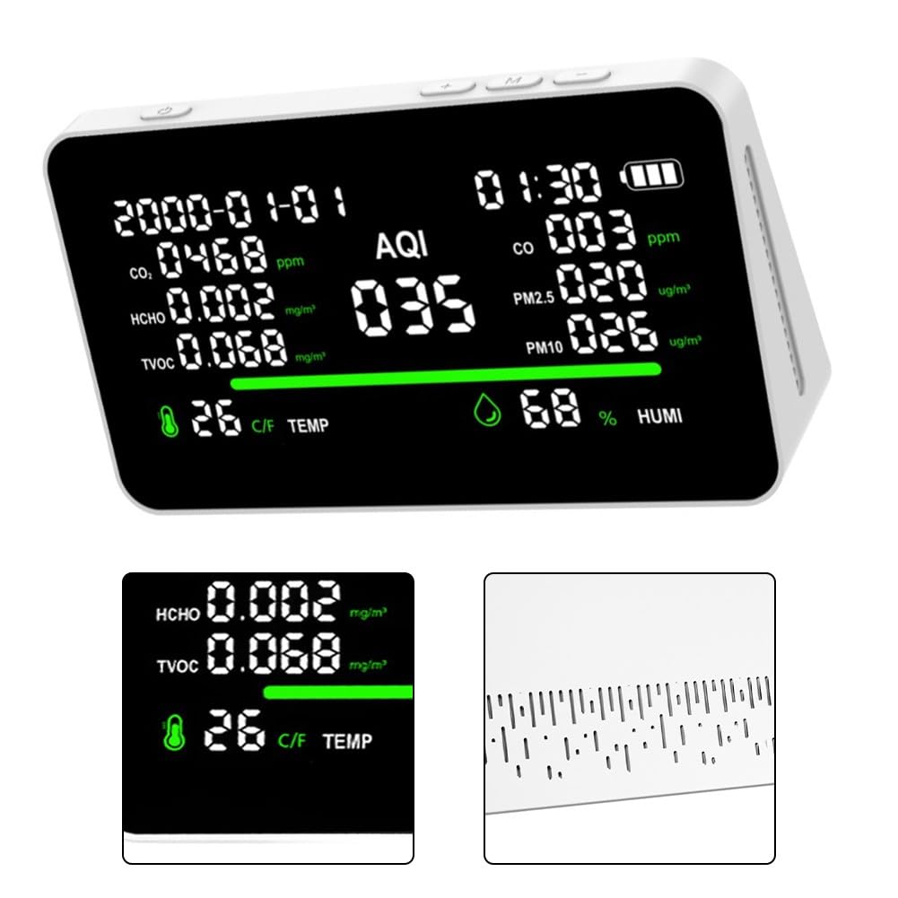 Monitor de calidad del aire interior 11 en 1 con pantalla de 7 pulgadas para sensor de humedad de temperatura CO2 PM2.5 PM10 HCHO TVOC, batería USB-C de 850 mAh