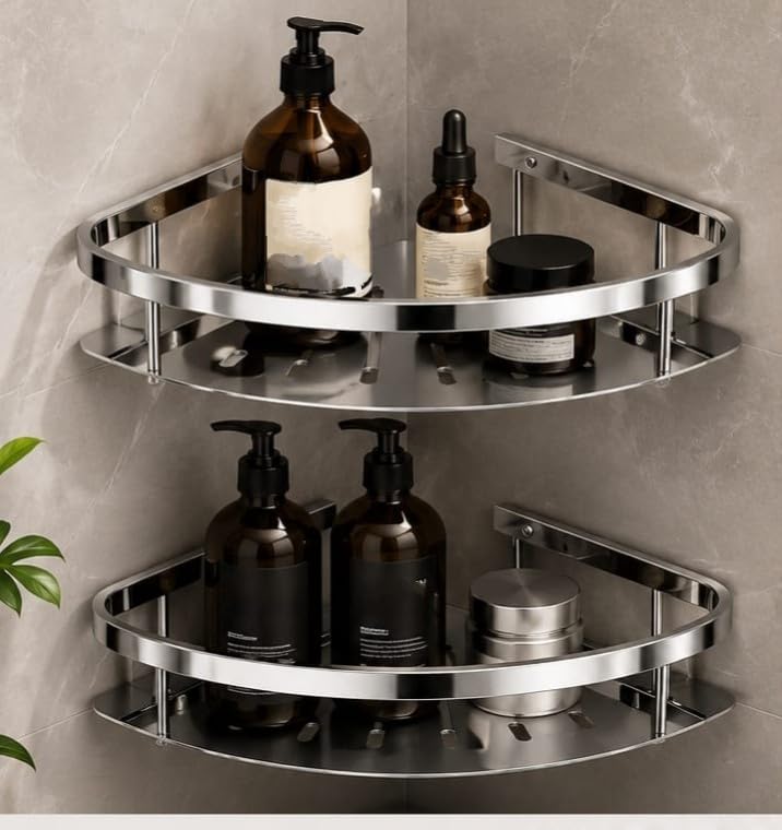 Premium Stainless Steel Bathroom Corner Shelf Combo Pack (Set of 2) | Rustproof Wall Mounted Triangle Storage Rack for Bathroom, Kitchen & Shower (2)-picture-34