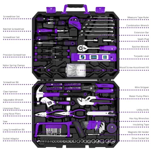 Image of DEKOPRO Tool Set: 228 Piece Home Tool Kit, Household Basic Repair Tool Set Comes with Storage ToolBox, Socket Wrench Set for Car, Hand Tool Box Set for Home - Purple