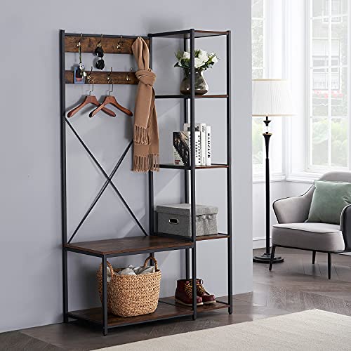 One-Day Sale: Up to 40% Off VECELO Coat Rack Shoe Bench,Hall Tree with 7 Hooks Entryway Storage 4-Tier Shelves and 1-Tier Shoe Shelf,Wood Look Accent Furniture Metal Frame, Rustic Brown