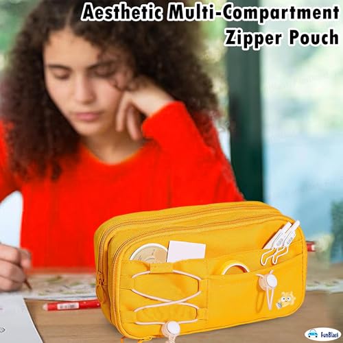 Image of FunBlast Pencil Pouch for Girls - Aesthetic Multi-Compartment Zipper Pouch with Drawstring Pocket, Cute Kawaii Pencil Case, Stylish Stationery Pouch, Return Gift for Kids & School Use (Yellow)