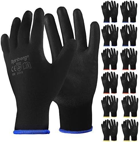 Rainberg Pack of 12 or 24 Safety Gloves, Work Gloves, with Secure Grip on Palm & Fingers, PU and Nylon Non-Slip Gloves, Ideal for General Duty Work, Gardening. (Pack of 12 Pair's, Medium)