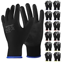 Rainberg Pack of 12 or 24 Safety Gloves, Work Gloves, with Secure Grip on Palm & Fingers, PU and Nylon Non-Slip Gloves, Ideal for General Duty Work, Gardening. (Pack of 12 Pair's, Medium)