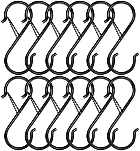 12 Pack S Hooks for Hanging, 3.5 inch Safety Buckle Design Heavy Duty Metal Black S Hooks for Hanging Plants, Pots, Pans, Cups, Clothes, Towels, Bags in Kitchen, Bathroom, Closet, Garden