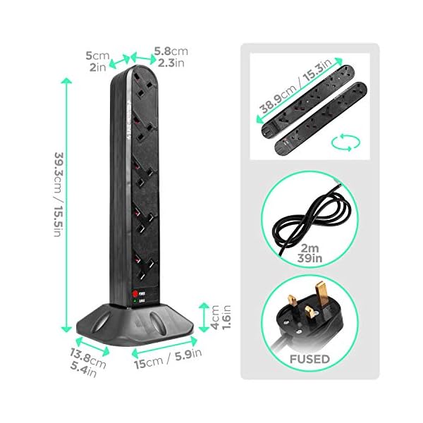 Duronic 10 Way Extension Tower ST10 | 10-Gang Power Strip Lead | Surge & Spike Protector | For UK Plug Sockets | Electric Multi Plug Adapter | Max 3000W Capacity | 1.8 Metre/180cm Power Cable - Image 3