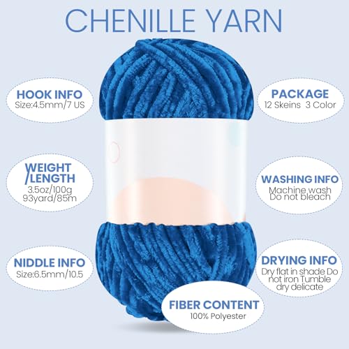 Image of Xinnun 12 Skeins 1116 Yards Chenille Velvet Soft Thick Plush Yarn Bulk for Crocheting Knitting Blanket DIY Weaving Craft, 6mm, 3.5 Oz /Skein(Blue Series)