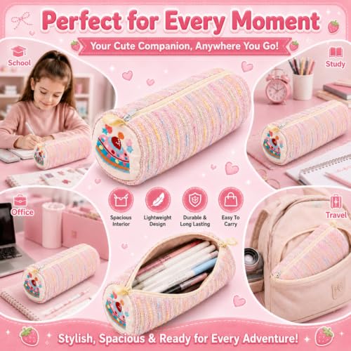 Image of Pink Strawberry Cake Pencil Pouch for School Girls, Large Capacity Cute Pencil Case, Stationery Organizer | Spacious Storage | Lightweight | Multi-Use | Aesthetic | College Ready