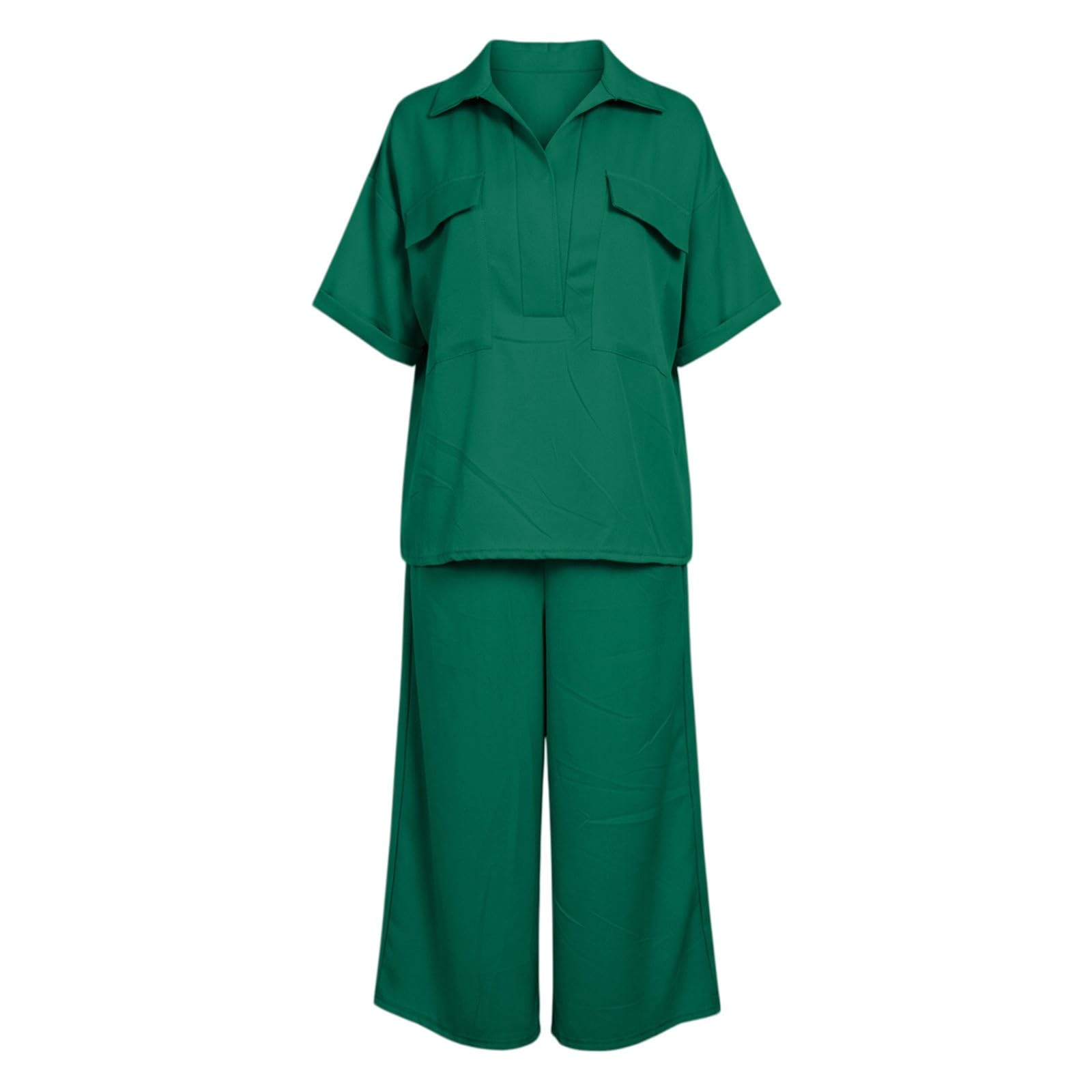 Tuta da lavoro da donna, in tinta unita, in due pezzi, maniche corte, scollo a V, bottoni, camicetta a 7/8, pantaloni a gamba larga, abbigliamento da ufficio, leggero e traspirante