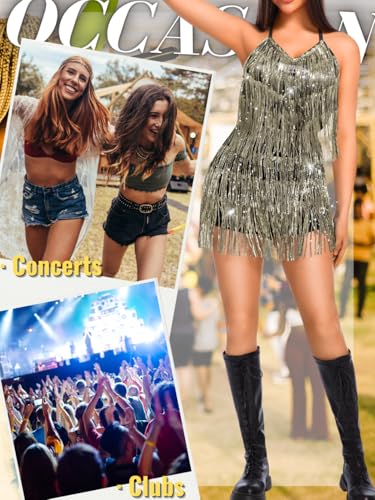 Image of Kaei&Shi Sequin Fringe Romper,Sparkly Glitter Metallic Jumpsuits For Women,Backless Shorts Dress Disco Birthday Dance Outfit