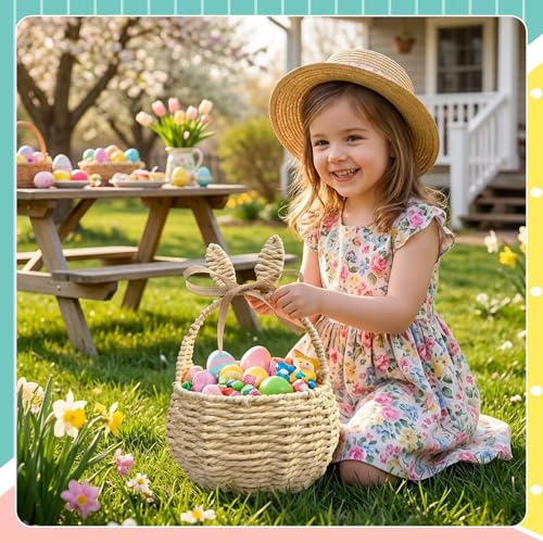 Kathfly Rattan Easter Bunny Basket with Handle 11 x 7 x 5 Inch Handmade Wicker Bunny Ears Picnic Basket for Egg Hunt Party Storage Burlap Bow Cute Candy Organizer Spring Party Decor by Kathfly - Used condition - Image 7