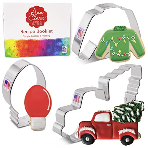 Ann Clark Cookie Cutters 3-Piece Christmas Trends Cookie Cutter Set with Recipe Booklet, Vintage Truck with Tree, Lightbulb and Ugly Sweater