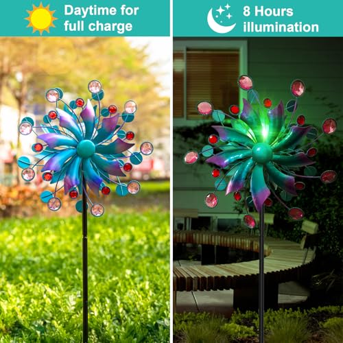 Image of Solar Wind Spinner Outdoor - Metal Kinetic Wind Sculptures with Sparkling Jeweled Ornaments, Blue & Purple Gradient Dual-Direction Spinner, Solar LED Glass Ball Yard Art for Garden Patio Decor