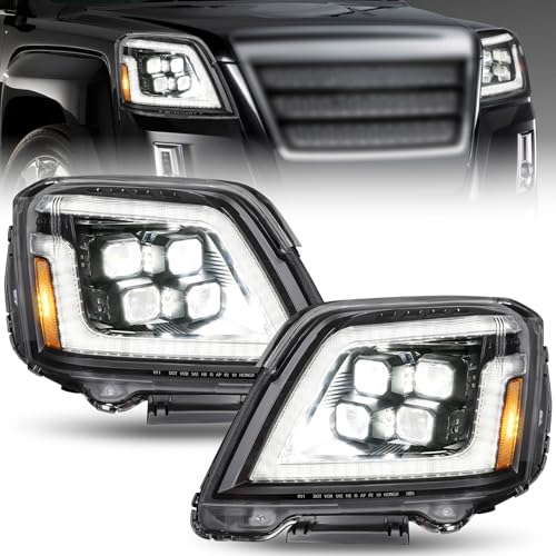 MAYELLO Black LED Headlights for GMC Terrain 20102015 SL/SLE/SLT 4-Lens Projector Headlamps with Sequential Turn Signal & Start-Up Animation Plug & Play