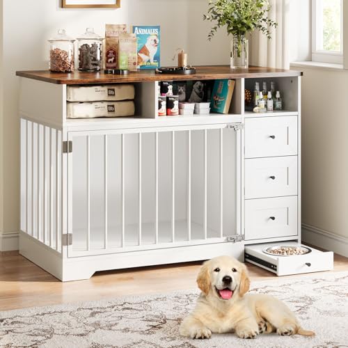 48'' Dog Crate Furniture, Farmhouse Heavy Duty Dog Kennel with Bowl & Storage Drawers, Medium Dog Cage End Table for Small Medium Dogs, White, White