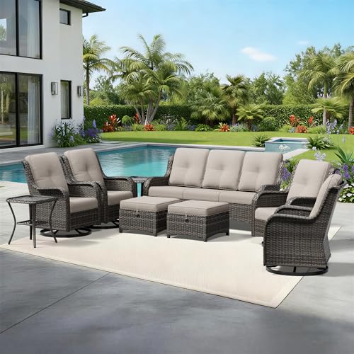 Image of Joyside 9 Piece Wicker Patio Furniture Set, Outdoor Swivel Rocker Patio Chairs with High Back, Deep Seating, Wide Armrest, Thickened Cushions, Outdoor Furniture for Deck, Porch Use