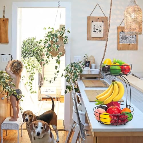 JUDILU 2-Tier Countertop Fruit Basket Bowl with Banana Hanger, Metal Wire Vegetable and Fruit Produce Storage Baskets for Kitchen, Fruits Stand Holder Organizer for Bread Snack Veggies, Black