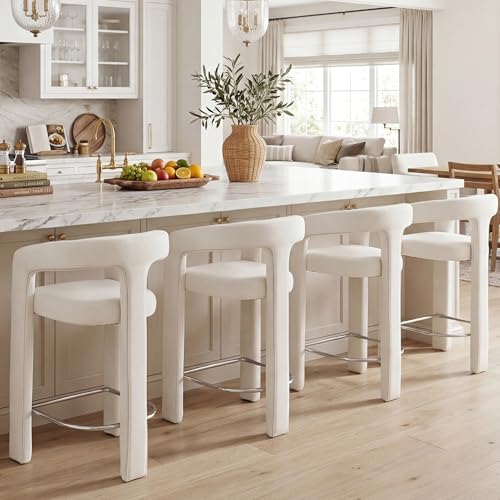 Image of HNY Modern Barrel Bar Stools Set of 4, 26 Inch Upholstered Velvet Counter Height Barstools with Open Back and Armrests, for Kitchen Island, Home Bar, Dining Room, No Assembly, Cream