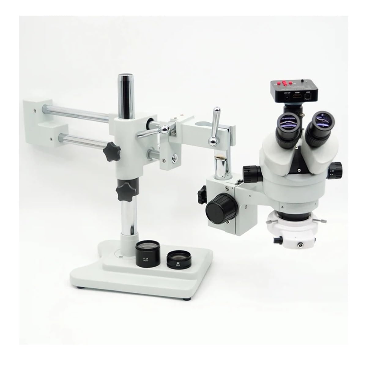 Microscope 3.5X-90X Microscopio 50/50 Split Simul-Focal Double Boom Stand Trinocular Stereo Zoom Microscope