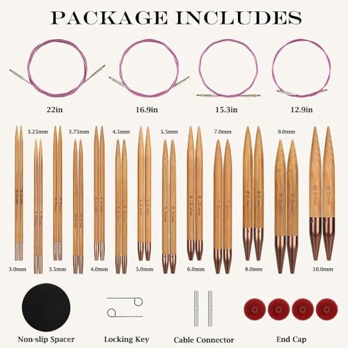 Image of Yarniss Bamboo Circular Knitting Needle with Case,13 Pair Interchangeable Knitting Needles with Flexible Cables 3.5mm~10.0mm, 4-Inch Round Knitting Needle US Size 2.5~15