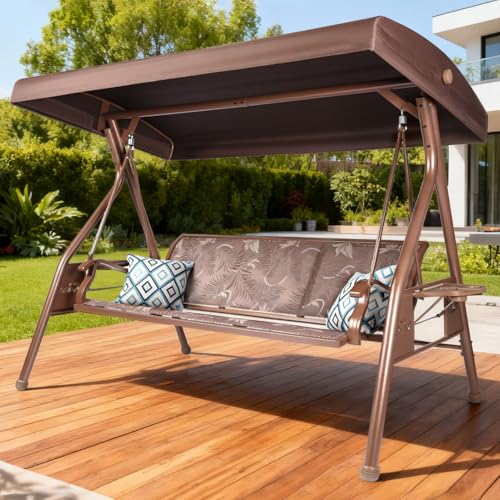 Image of ZZW 3 Person Patio Swing Outdoor Swing for Adults with Adjustable Canopy &Upgraded Cup Holders Textilene Fabric Porch Swing Chair with Stand Heavy Duty 800 LBS