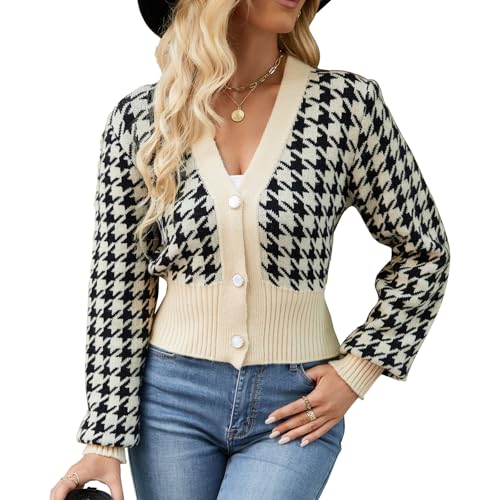 Sexybody Women' s Cropped Cardigan Sweaters Button Down Houndstooth V Neck Long Sleeve Open Front Knit Sweater Jacket Tops