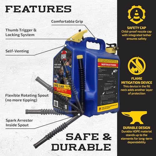 Image of SureCan 1.8L Type II Safety Kerosene Container is the Can for Work, Home and Play, Has a Flexible Rotating Spout, Self-Ventilating, E Easy to Use, Blue