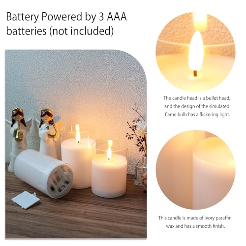 Image of JHY DESIGN Set of 3 Glass Wax Flameless Candles 3D LED Candles White Wax Flickering Battery Candles with 8-Key Remote Control Timer for Home Wedding Party Christmas(Pivoted Flame-Shaped Tip)