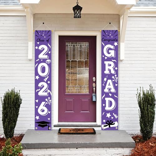 Image of Graduation Porch Banner Class Sign Congrats Grad Hanging Flags High School College University Party Decoration For Front Door Outdoor Purple White
