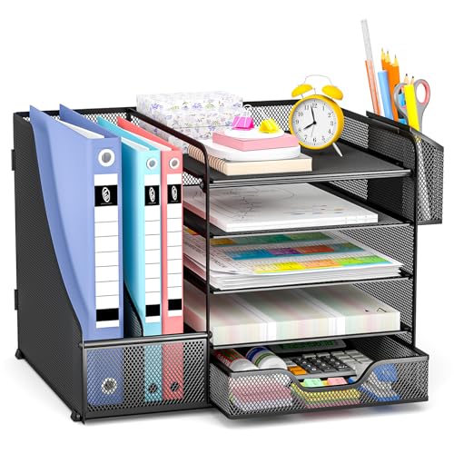 Apritsce Organizador Escritorio con Revistero, 5 Bandeja Escritorio con Cajón y Portalápices, Multifuncional Organizador Documentos para Oficina Casa