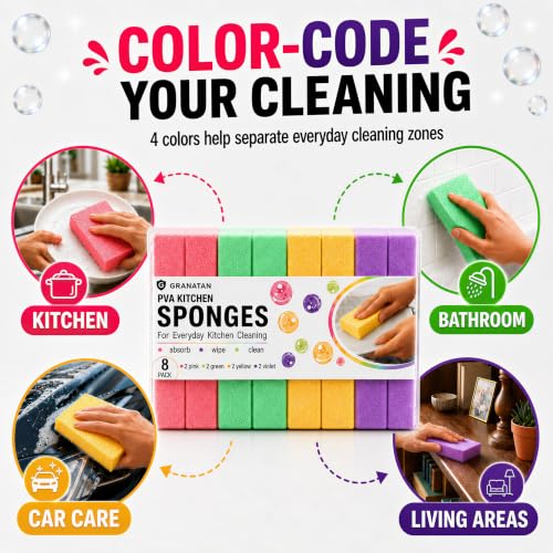 Image of PVA Household Cleaning Sponges, 8 Pack, 4 Colors