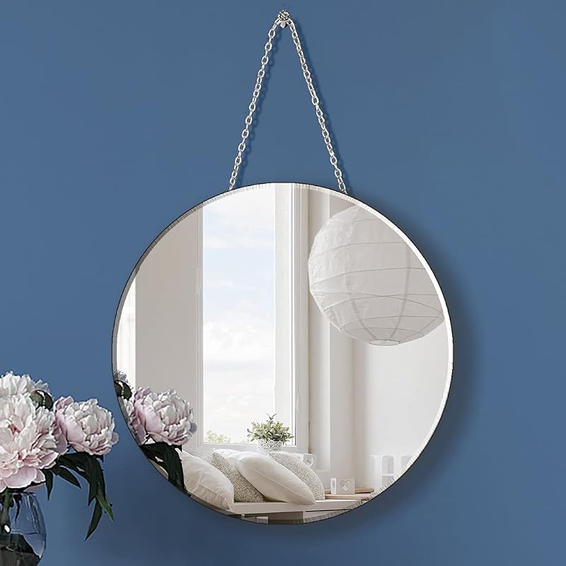 QMDECOR Round Silver Mirror with Iron Chain for Wall Decor Diameter Circle 12 inch Wall Hang Frame Less Mirror Small Handicraft Art