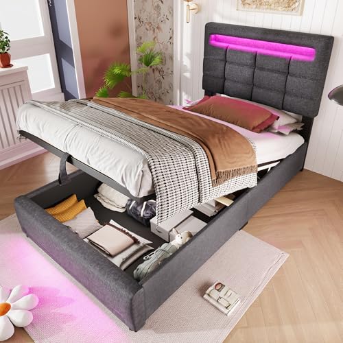 Cama tapizada, 90 x 200 cm, mando a distancia por aplicación, barra de luz ambiental debajo de la cama, almacenamiento hidráulico, sin colchón, con conector USB, lino (gris)