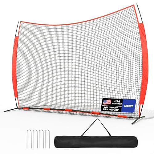 Sturdum 12x9ft Barricade Backstop Net Ball Sports Barrier Netting Protection Screen for Baseball Softball Lacrosse Soccer Hockey Training for Backyard with Carry Bag