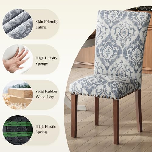 Image of COLAMY Upholstered Parsons Dining Chairs Set of 6, Fabric Dining Room Kitchen Side Chair with Nailhead Trim and Wood Legs - Blue /White Flower