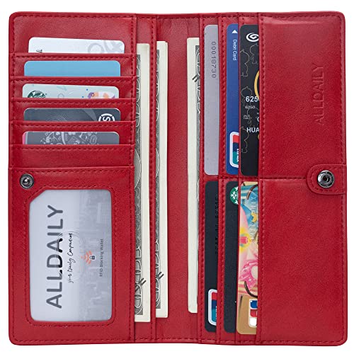 Image of Alldaily Ultra Slim Thin Women Wallet RFID Blocking Credit Card Holder Bifold Long Ladies Billfold (Red)